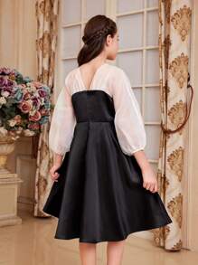 SHEIN Tween dziewczynka Śliczny Bańka Rękaw Szyfon Staw Iskrzący się Dekoracja z kryształu górskiego Średniej długości Sukienki