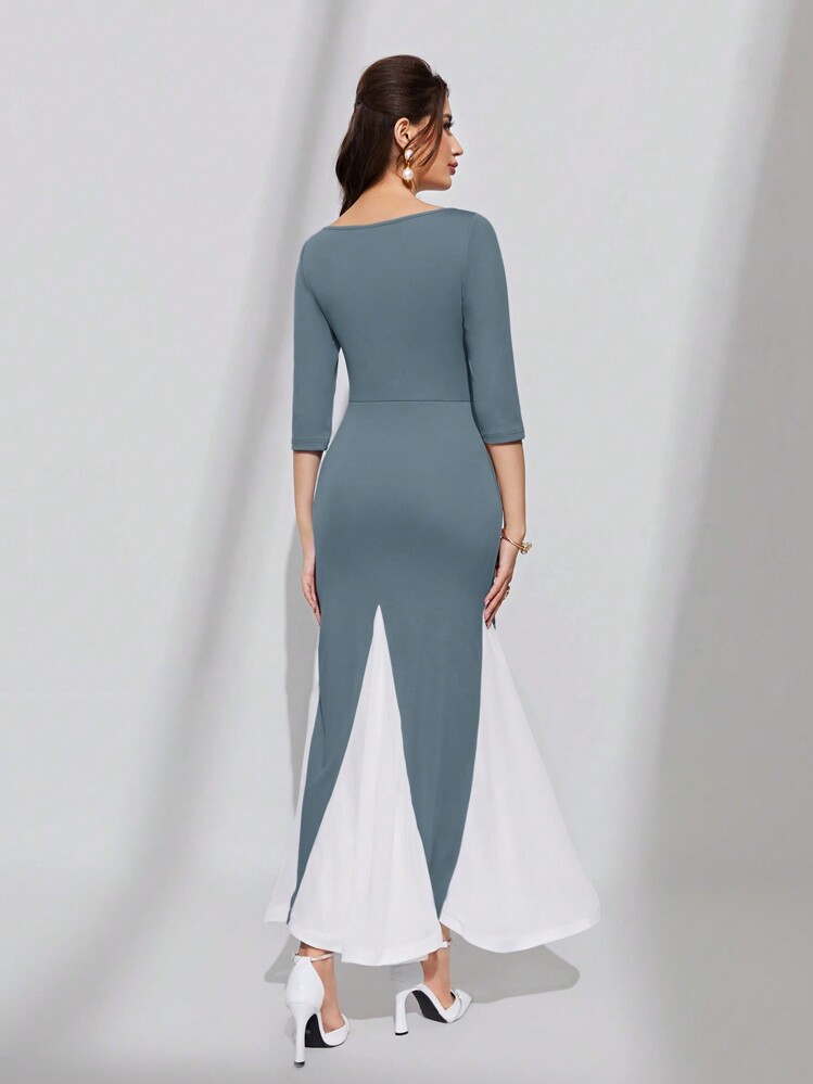 Modelyn Vestido Ceñido De Cuerpo Con Diseño De Cola De Sirena Y Contraste De Colores Para Mujeres - Neblina azul - Añade 2