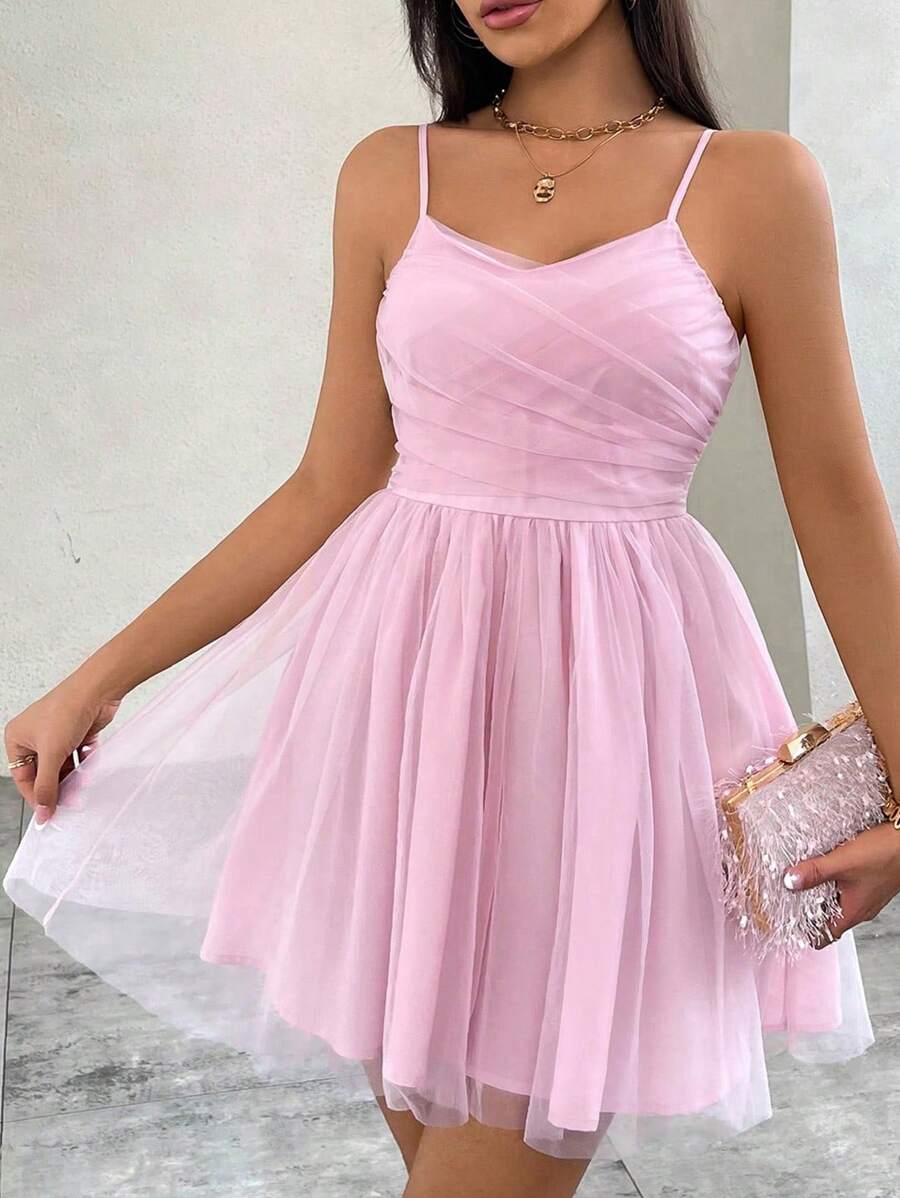 SHEIN Privé Của phụ nữ Mùa hè Eo cao Lưới Xếp li Váy chữ A Với Phù hợp Eo Và Puffy Thiết kế Thích hợp Đối với Ngày , Buổi tiệc , Đường phố , Lễ cưới , Kỳ nghỉ - Bụi hồng - Xem 1