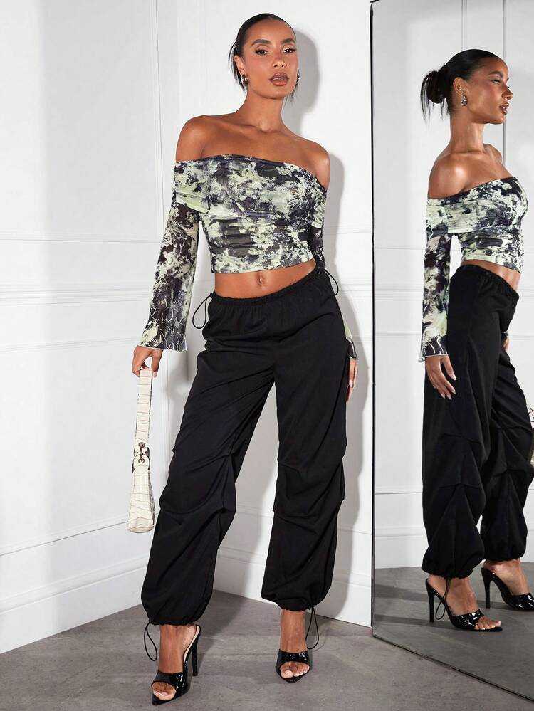 Abstract Nature Texture Flower Print Off Shoulder Top With Flare Sleeve And Pleats Streetwear T-Shirt Ideal For Street Date, Music Festival And Concert Outfits