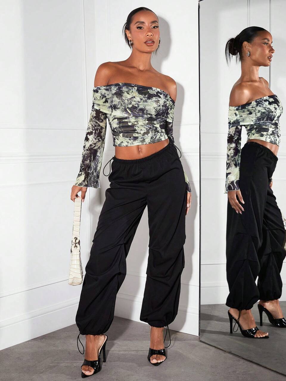 Girly Black Gingham Autumn Off Shoulder Top,Nature Texture Flower Print Flare Sleeve Pleats T-Shirt,Night Club Music Festival Concert Streetwear