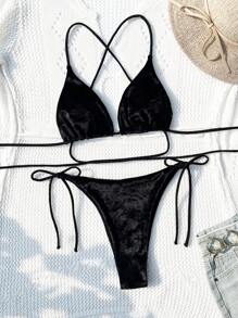 SHEIN Swim V 领吊带比基尼套装，两件套比基尼套装夏季海滩 - 黑色 - 查看 7