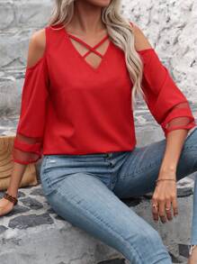 SHEIN Clasi Women Criss Cross Cold Shoulder Red Blouse - Red - View 4