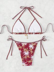 SHEIN Swim 女士花卉印花露背比基尼套装 2 件套，细带比基尼套装泳装泳衣沙滩装夏季度假夏日海滩 - 彩色 - 查看 3