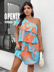 SHEIN Holidaya Kích thước lớn Của phụ nữ In hoa Một  vai Bánh Đầm - Nhiều màu - Xem 1