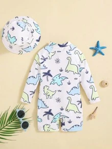 SHEIN Baby Boy Cartoon Dinosaur Long Sleeve One-Piece Swimsuit With Swimming Cap Set - Apricot - View 2