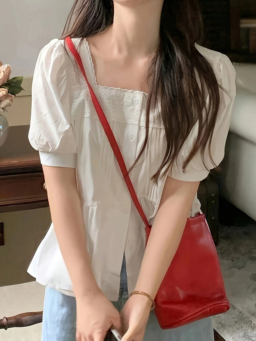 女士纯色方领短款泡泡袖衬衫 - 白色 - 查看 1