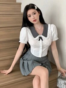 DAZY Ladies' Color Block Collar Puff Sleeve Shirt