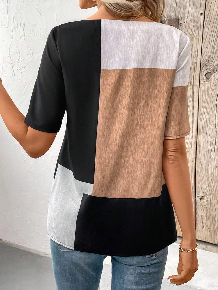 Women's Contrast Patchwork Asymmetric Hem Shirt