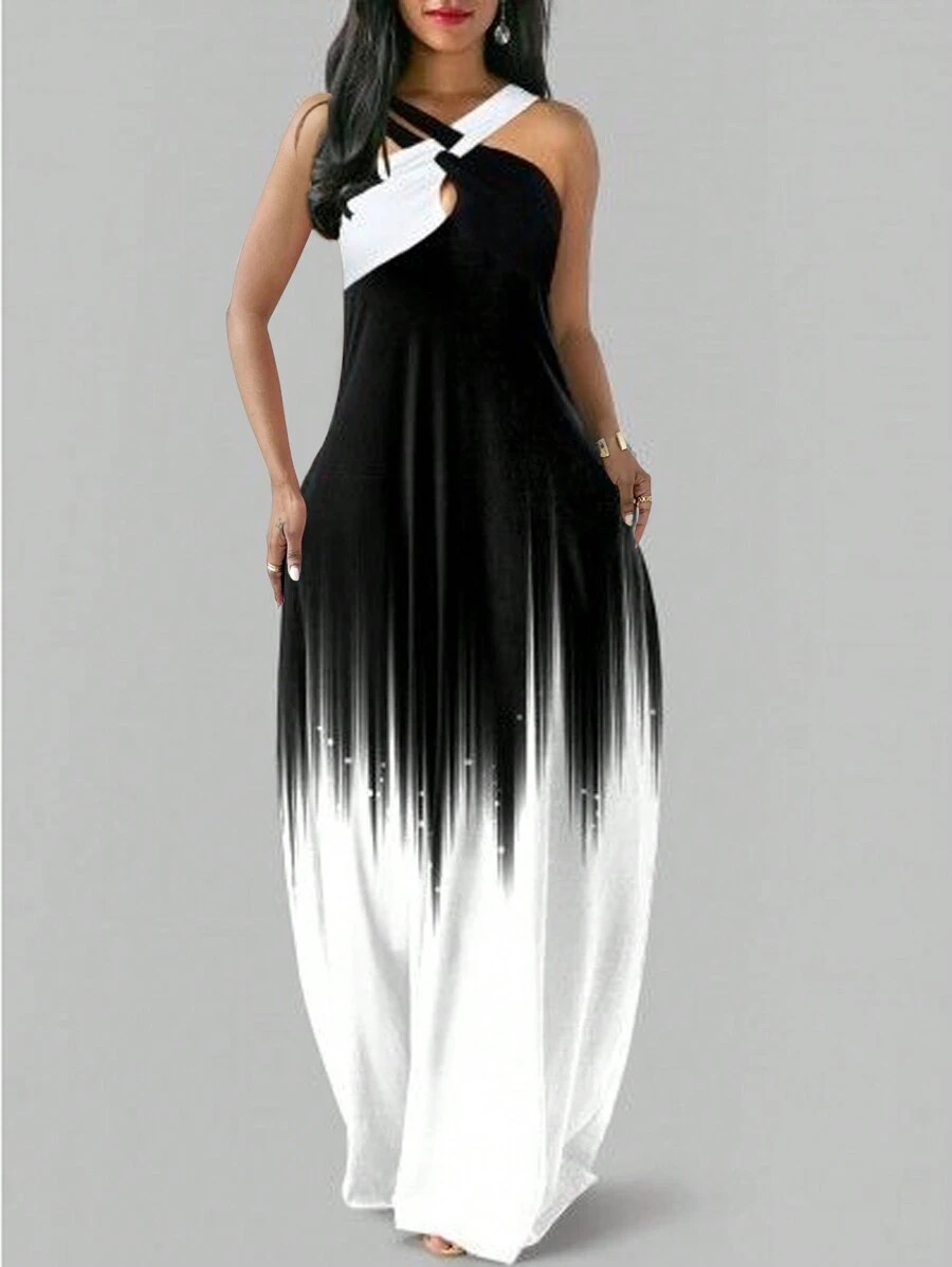 EMERY ROSE Vestido de verano sin mangas con cruces y bloques de color para mujer - Blanco y Negro - Ver 1