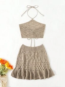 SHEIN Swim 女式單色中空針織遮陽衣套裝 - 駝色 - 查看 5