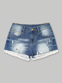 ROMWE Kawaii Quần short denim ren tương phản đã giặt, đi học - Màu xanh lam - Xem 3