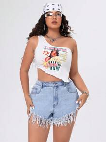 SHEIN ICON Pantalones Cortos De Mezclilla De Talla Grande Con Dobladillo Deshilachado Y Bolsillos Diagonales - Azul - Ver 4