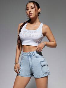 SHEIN EZwear 女士捲邊貨褲牛仔短褲 - 淺色水洗藍 - 查看 5