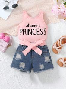 SHEIN 女婴休闲可爱字母印花上衣和破洞牛仔短裤 - 彩色 - 查看 4