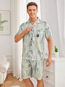 Men's Printed Button Down Short Sleeve Shirt With Pocket And Shorts Homewear Set