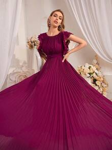 Plain Round Neck Ruffle Trim Pleated Bridesmaid Dress - Hot Pink - View 5