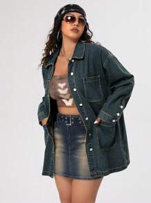 SHEIN ICON 大尺碼女式復古多口袋洗水長外套 - 深色水洗藍 - 查看 4