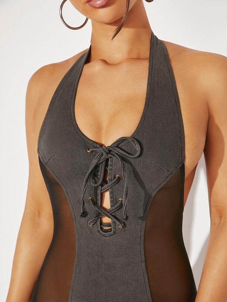 Mesh Panel Lace Up Halter Denim Dress