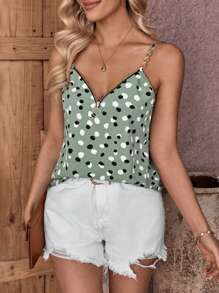 SHEIN LUNE Women's Leopard Print Front Zipper Cami Top - Green - View 6