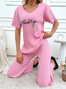 RueChic 2入組女士感謝印花細節家居服套裝 - 粉色 - 查看 1