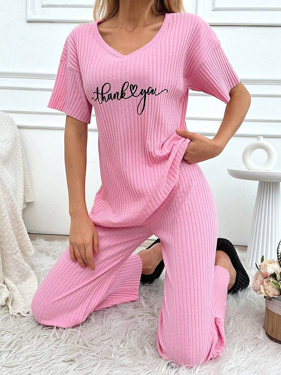 RueChic 2入組女士感謝印花細節家居服套裝 - 粉色 - 查看 1