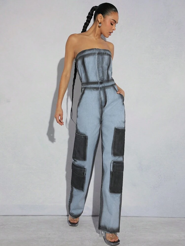 Colorblock Tube Cargo Denim Jumpsuit