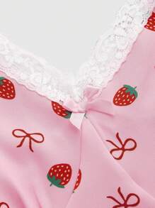 ROMWE Kawaii Kích thước lớn In Dâu tây Ren Cắt tỉa Váy Dây Với Bowknot - Hồng - Xem 3