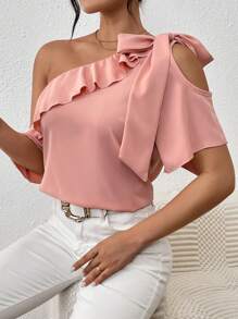 Chiquease Của phụ nữ Giường đơn Màu sắc Bất đối xứng Vòng cổ Viền Ruffle Áo sơ mi - Hồng - Xem 6