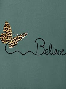 SHEIN LUNE Plus Size Butterfly And Letter Printed Short Sleeve T-Shirt - Dark Green - View 4