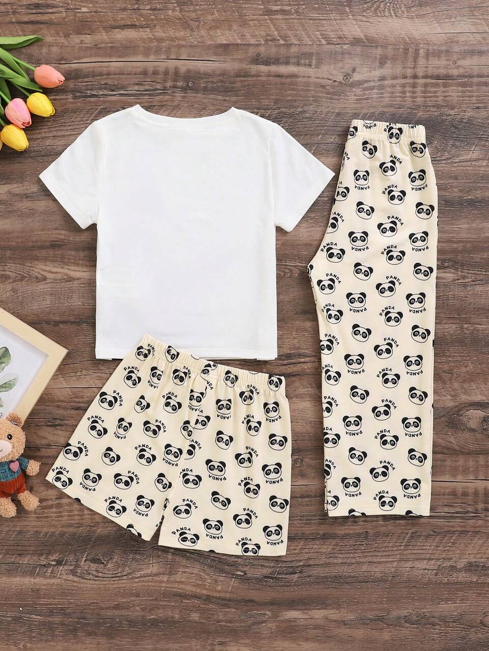 3pcs/Set Young Girls' Panda Printed Round Neck Short Sleeve Top, Shorts, And Long Pants Casual Homewear
