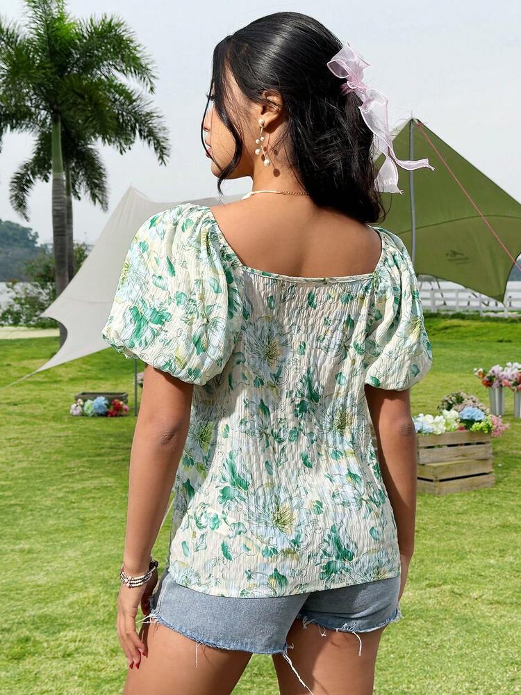 Women's Floral Print Short Puffed Sleeve Blouse