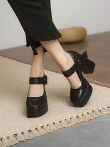 12cm磚形跟珍女鞋,2024年春季新品,防水平台,增高短靴適用 - 黑色 - 查看 3