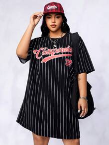 SHEIN EZwear Váy thun hở vai họa tiết sọc và chữ cho mùa hè - màu đen - Xem 5