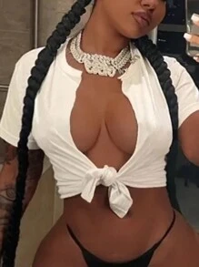 Slaydiva 2024 Women's Casual White Short Sleeve T-Shirt Bandage Cut-Out Top - White - View 1