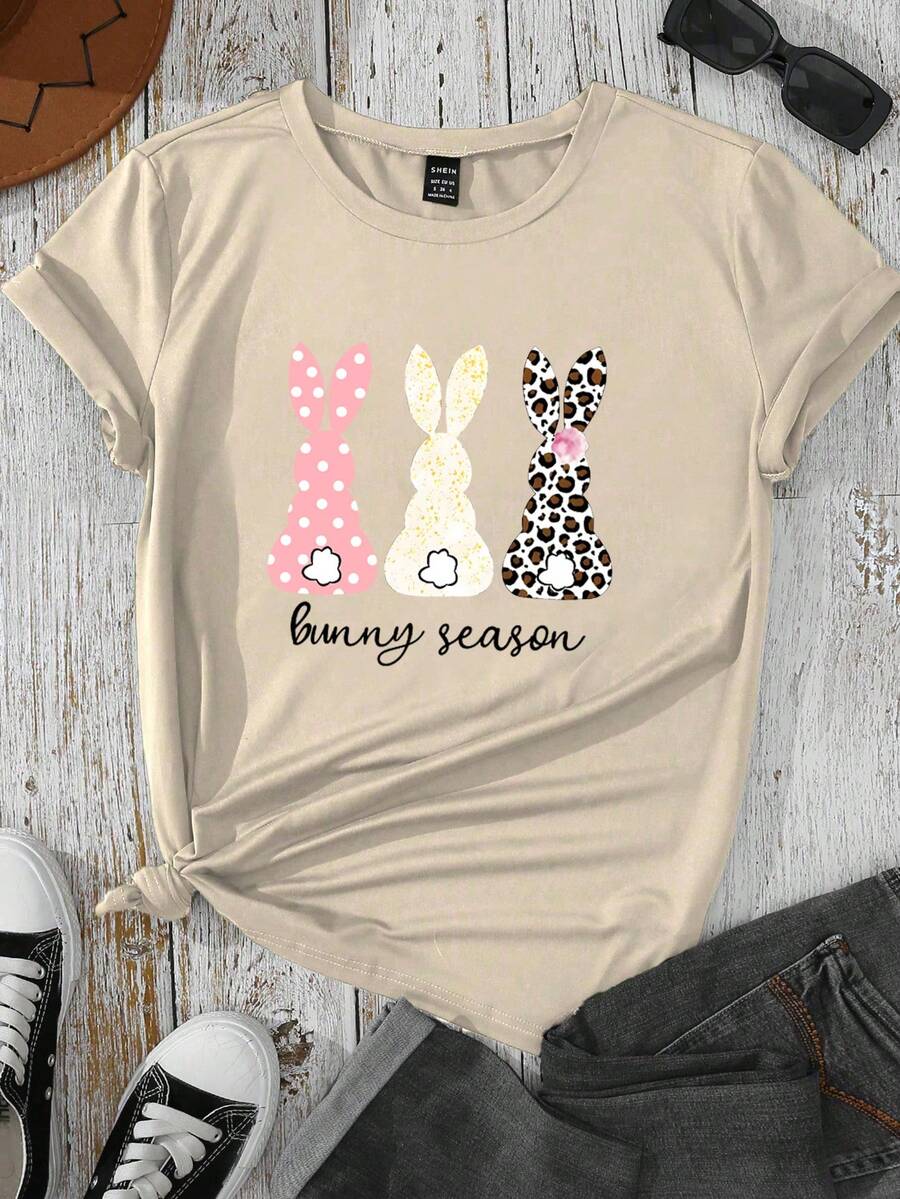 SHEIN LUNE 復活節兔印花短袖t恤 - 杏色 - 查看 1