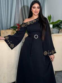 Modelyn Women's Geometric Pattern Asymmetrical Neckline Flare Sleeve Dress,Elegant Evening Party Dress Long Evening Dresses