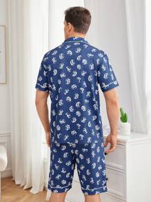 Men's Casual Homewear Set With Letter Print - Blue - View 2