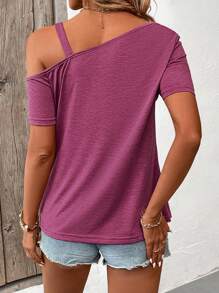 SHEIN LUNE Của phụ nữ Áo cổ bò Bất đối xứng Ngắn tay Áo thun - Hồng - Xem 2