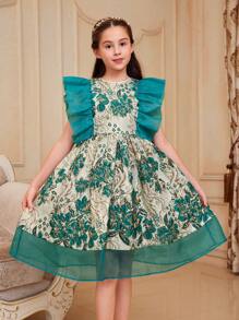 SHEIN Tween Girls' Cute Fit-And-Flare Dress With Organza Patchwork, Jacquard Fabric And Ruffle Hem, Round Neck - Green - View 3