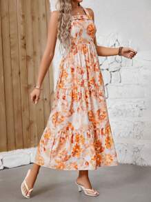 Breezaya Của phụ nữ In hoa Xù Hoa Sen Dây đeo Mì Ý  Đầm - Màu Cam cháy - Xem 6