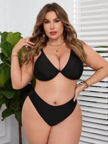 SHEIN Swim Curve 大码 V 领分体式泳衣套装，带花卉印花罩衫，夏季