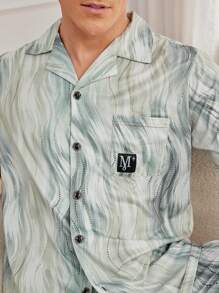 Men's Printed Button Down Short Sleeve Shirt With Pocket And Shorts Homewear Set