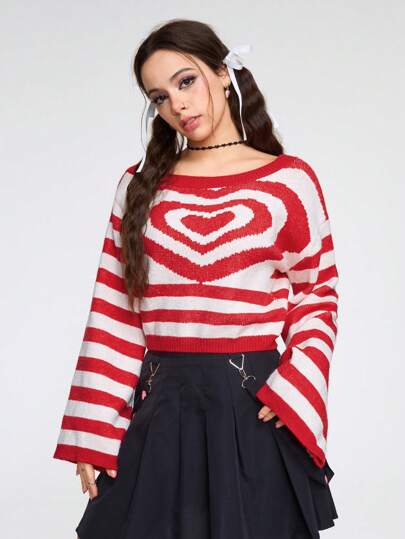 Kawaii Felpa donna a righe cuore collo asimmetrico