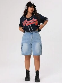 SHEIN ICON Shorts Utility In Denim, Tasche Capovolte E Lavaggio Effetto Scolorito, Taglie Comode - Blu lavato medio - Visualizzare 6
