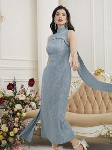 Modelyn 提花吊带立领无袖紧身连衣裙，配缎带细节长款晚礼服 - 薄荷綠 - 查看 7