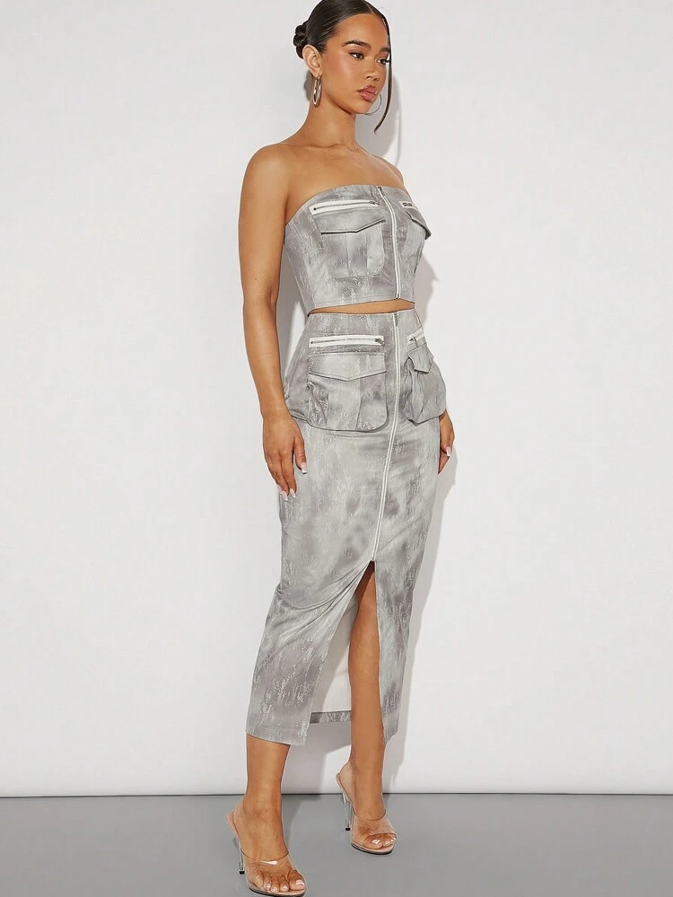 Brush Cargo Zip Tube Top & Skirt Two Pieces Set