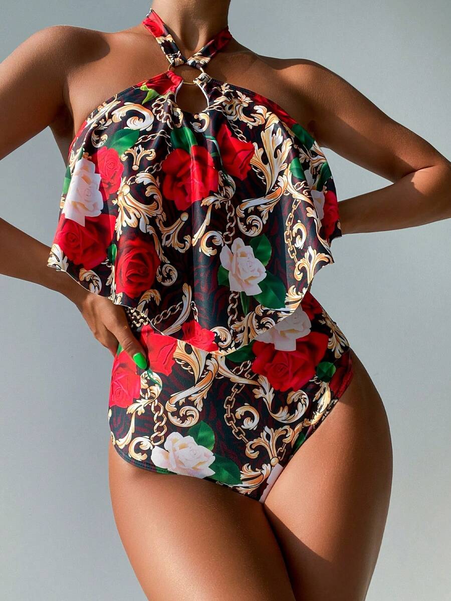 Bộ đồ bơi một mảnh in họa tiết ngẫu nhiên có viền bèo nhún và dây buộc, dành cho kỳ nghỉ hè ở bãi biển - Nhiều màu - Xem 1