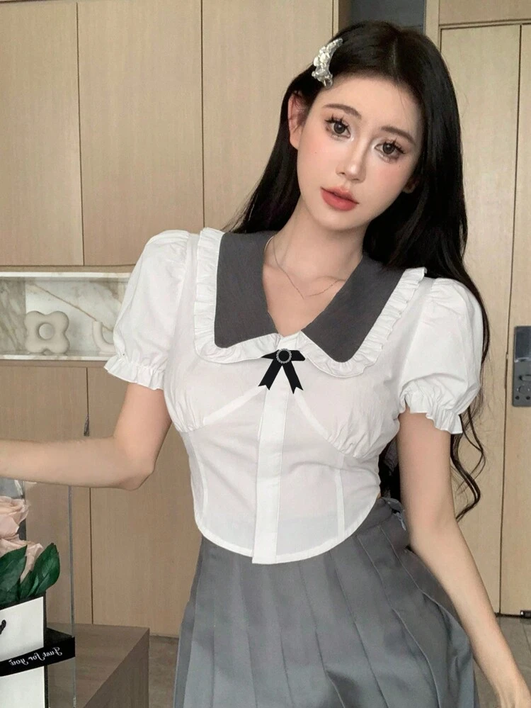 Ladies' Color Block Collar Puff Sleeve Shirt
