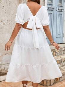 Breezaya Plus Size Women's Solid Color Back Knot Short Sleeve Dress - White - View 1